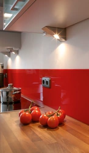 Das Bild zeigt eine dekorative und zugleich funktionale Wandverkleidung aus Kunststoff für den Küchenbereich